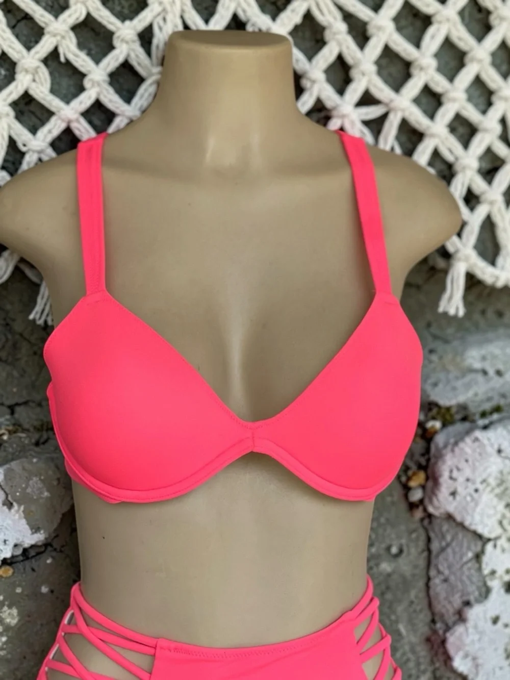 PINK Victoria’s Secret Neon Pink High-Waisted Bikini & Push-Up Swim Top Set - Picture 5 of 15